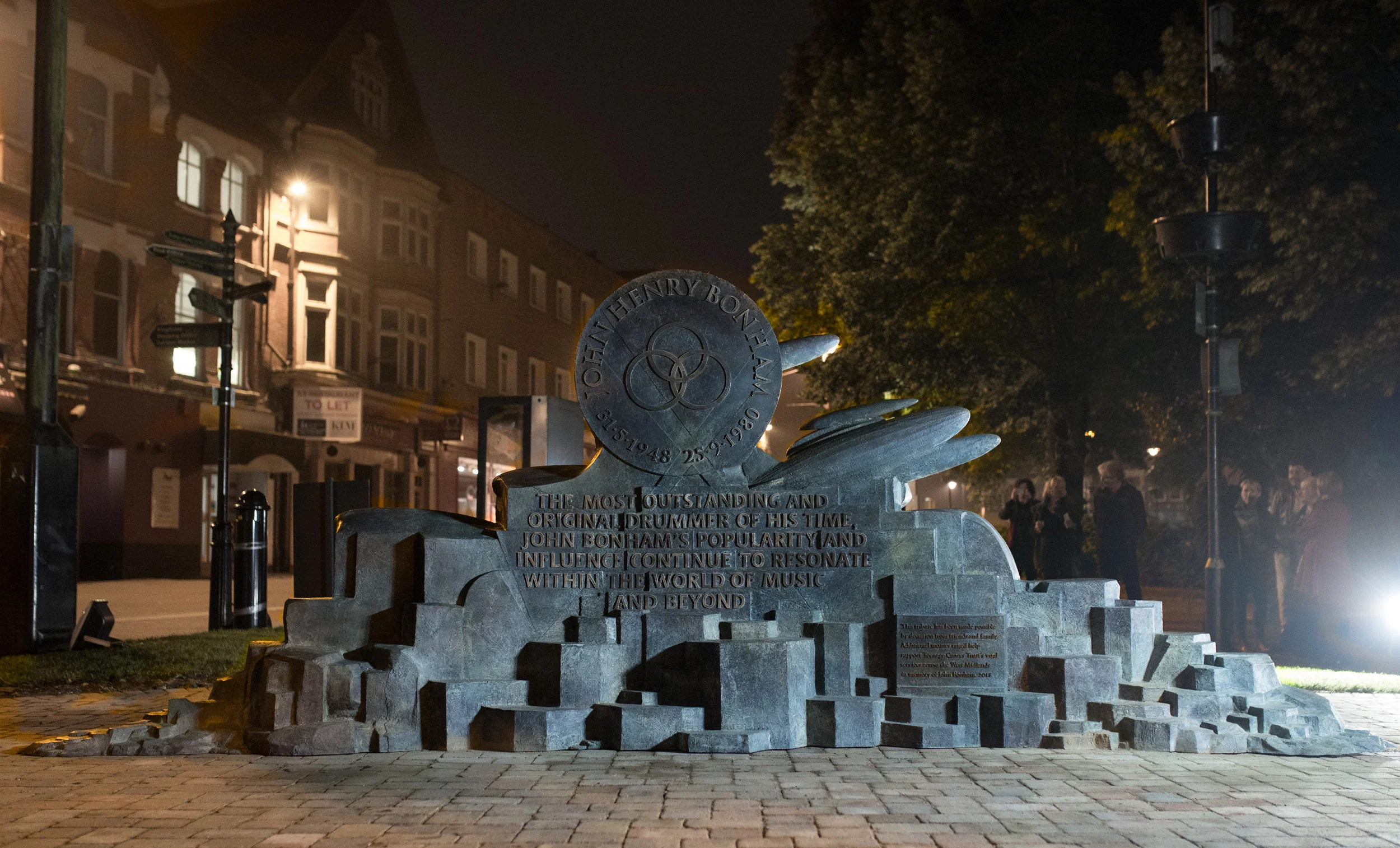 John Bonham memorial sculpture was commissioned in 2018 and unveiled in the same year on 31st May to coincide with what would have been John's 70th Birthday. This photograph of the inscription side was taken during the overnight installation.