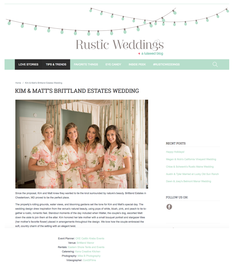 Soft & Romantic, Kim & Matt’s Brittland Estates Wedding featured on the Rustic Weddings Blog 