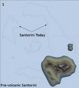 On the background is the layout of Santorini today. On the south you can see the rocks that existed before everything else was created. This is what pre-volcanic Santorini looked like. 