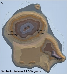 Santorini 25.000 ago: A new, bigger volcano is created. 
