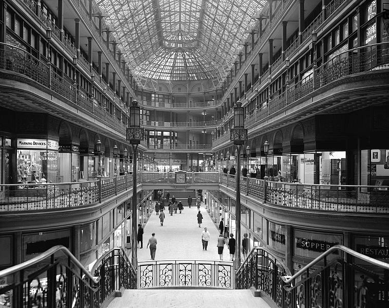 The Arcade in Cleveland, Ohio, looking south toward Euclid Avenue, Date 7 March 1966. Image source: Historic American Building Survey; Library of Congress HABS OHIO,18-CLEV,6-1. Accessed at: Cleveland Arcade, 1966.jpg . Licensed under Public Domain Mark 1.0 .