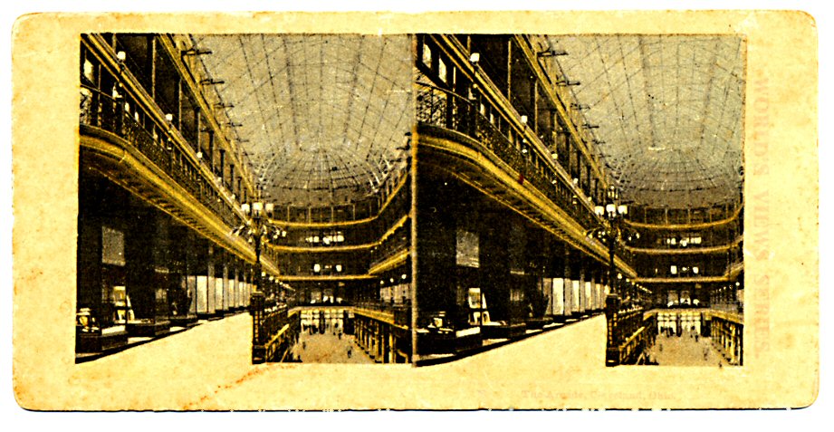"Early stereopticon photo card view of Cleveland Arcade"