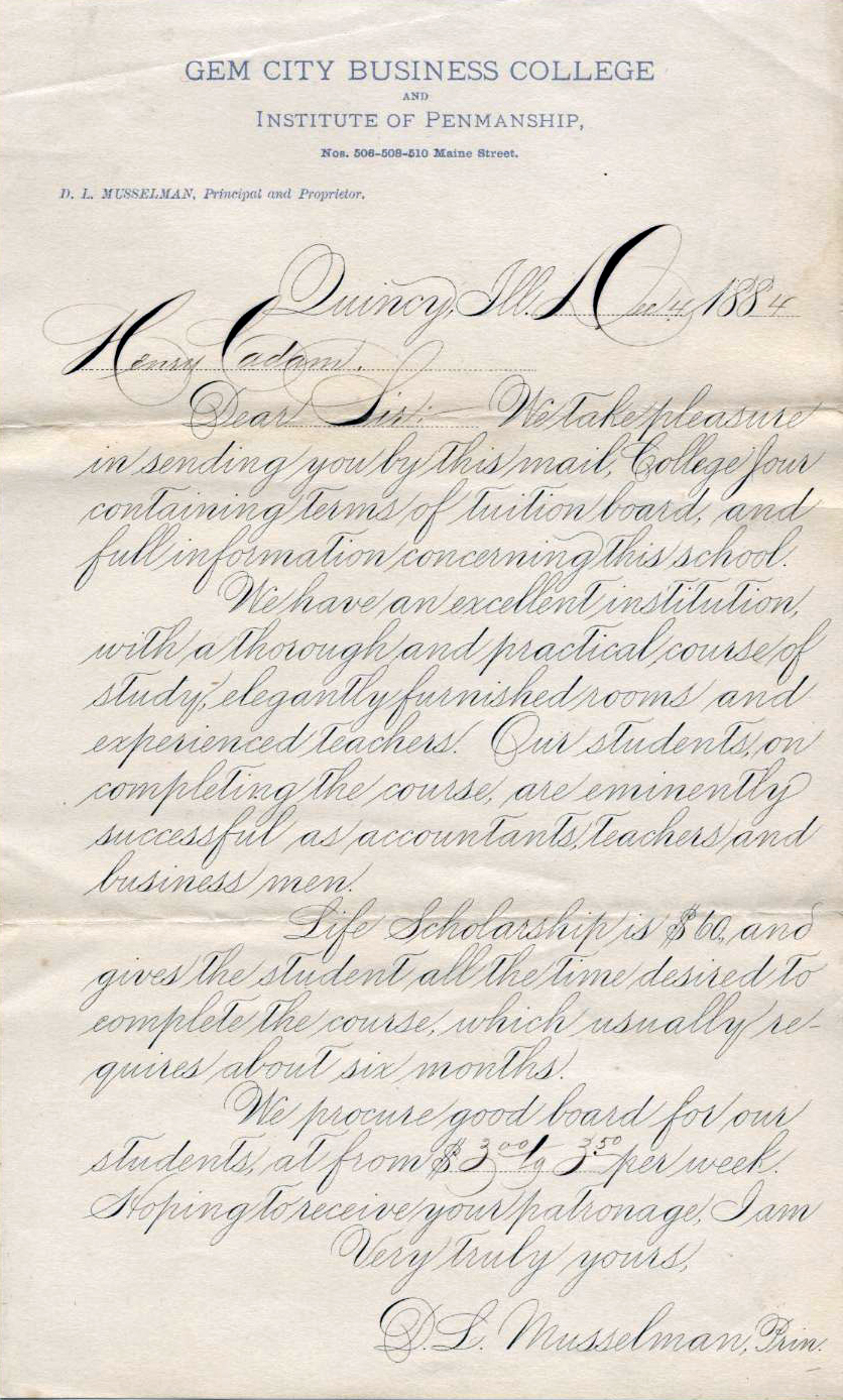 Example of Spencerian script by D.L. Musselman, 4 December 1884. Image source Spencerian example.jpg (originally derived from IAMPETH ) is licensed under Public Domain Mark 1.0