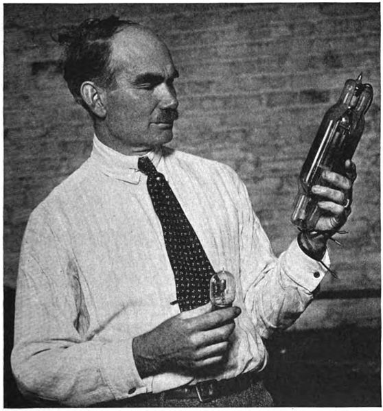 American electrical engineer Lee de Forest, the inventor of the triode vacuum tube (the Audion), with two of his tubes. Image source: Lee De Forest with Audion tubes.jpg (original derived from Popular Radio , May 1922) by unknown photographer is licensed under Public Domain Mark 1.0