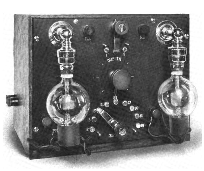 An early audion radio receiver built by the inventor of the audion vacuum tube, Lee De Forest, around 1914. Image source: Audion receiver.jpg (original derived from the Proceedings of the Institute of Radio Engineers , Volume 2, 1914) by Lee De Forest is licensed under Public Domain Mark 1.0