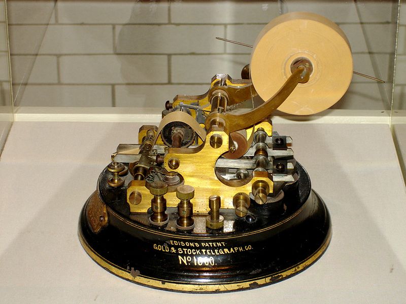 Thomas Edison Gold & Stock Telegraph, Henry Ford Museum, Dearborn, MI. Image source: Edison Stock Telegraph Ticker.jpg by H. Zimmer is licensed under CC BY 3.0