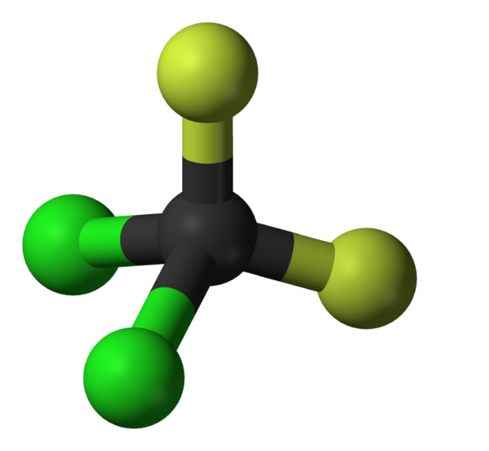 Ball-and-stick model of the dichlorodifluoromethane molecule. Color code: carbon, C, black; chlorine, Cl, yellow; fluorine, F, green. Image source: Dichlorodifluoromethane-3D-balls.png by Ben Mills and Jynto is licensed under Public Domain CC0 1.0