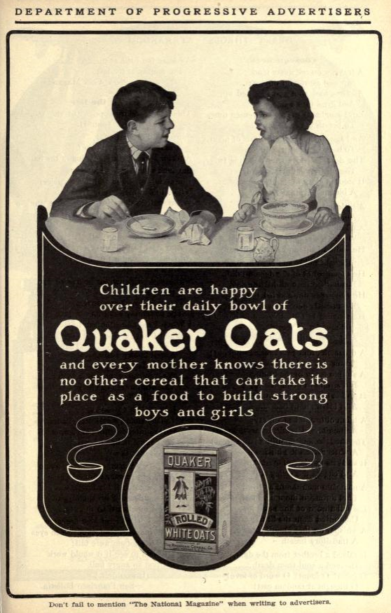 Quaker Oats add in National Magazine, October 1905. Image source: National Magazine, October 1905, v.23 No. 1, pp. 139 (derived from Internet Archive ) is licensed under Public Domain Mark 1.0