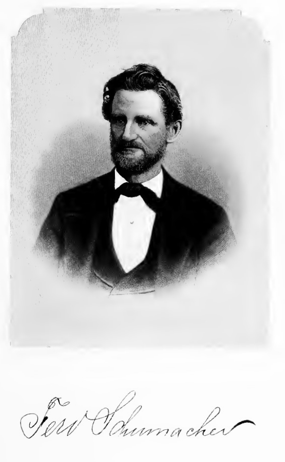 Ferdinand Schumacher portrait and signature ca. 1879. Image source: Brennan, J. Fletcher. The Biographical Cyclopaedia and Portrait Gallery of Distinguished Men, with an Historical Sketch of the State of Ohio . Cincinnati: Yorston, 1880, pp. 368-369 (derived from Internet Archive ) is licensed under Public Domain Mark 1.0