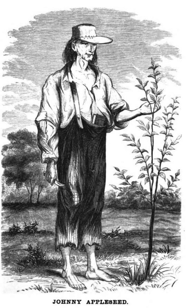 Drawing of Jonathan Chapman, aka Johnny Appleseed. Image source: Johnny Appleseed 1.jpg (reprinted from Knapp, H. S. A History of the Pioneer and Modern Times of Ashland County . Philadelphia: J. B. Lippincott & Co, 1862, frontispiece (which bears a “digitized by Google” label)) by H. S. Knapp is licensed under Public Domain Mark 1.0