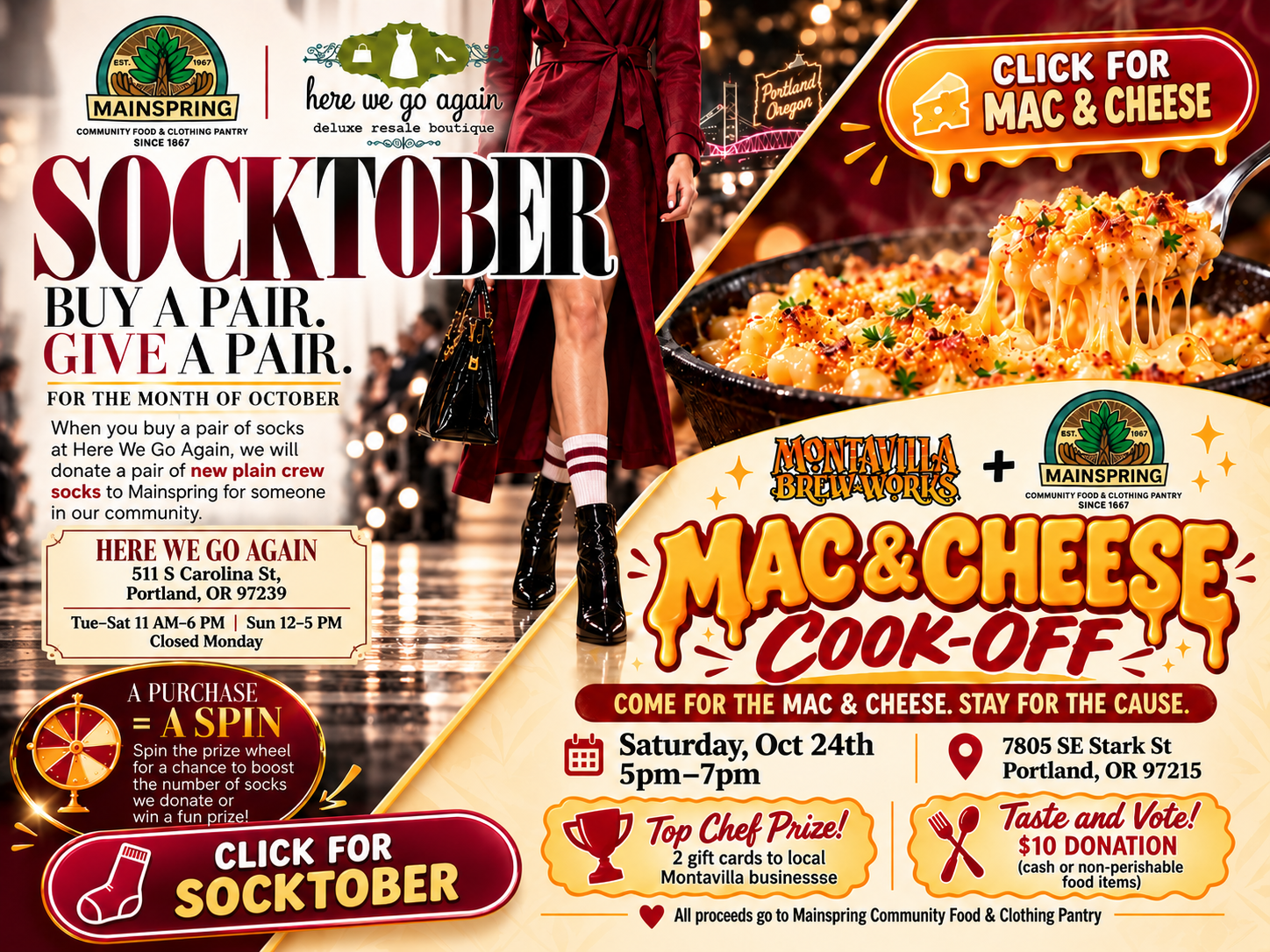 Socktober Charity Drive and Mac and Cheese Cook-Off. Two Portland community fundraising events supporting Mainspring. Socktober at Here We Go Again, 511 S Carolina Street, Portland, Oregon.
