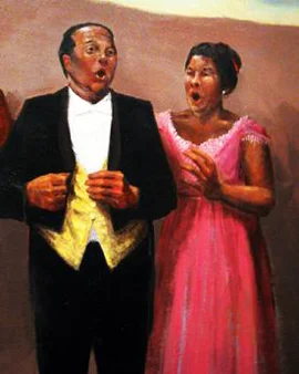 Thomas and Carol Brice Carey in a detail from the lobby mural in the Reynolds Performing Arts Center, by Oklahoma artist Mike Larsen .