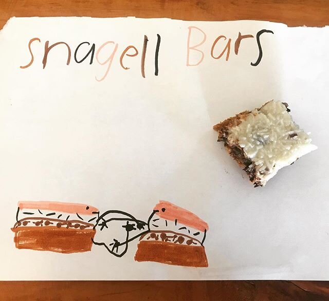 Rebranding Hello Dolly bars ... made these with the kids today and we decided we hated all of their silly names. So Fin (3) came up with the new name, and Edie (7) decided she wanted to develop a &ldquo;logo&rdquo;: two of the bars hugging, as a play
