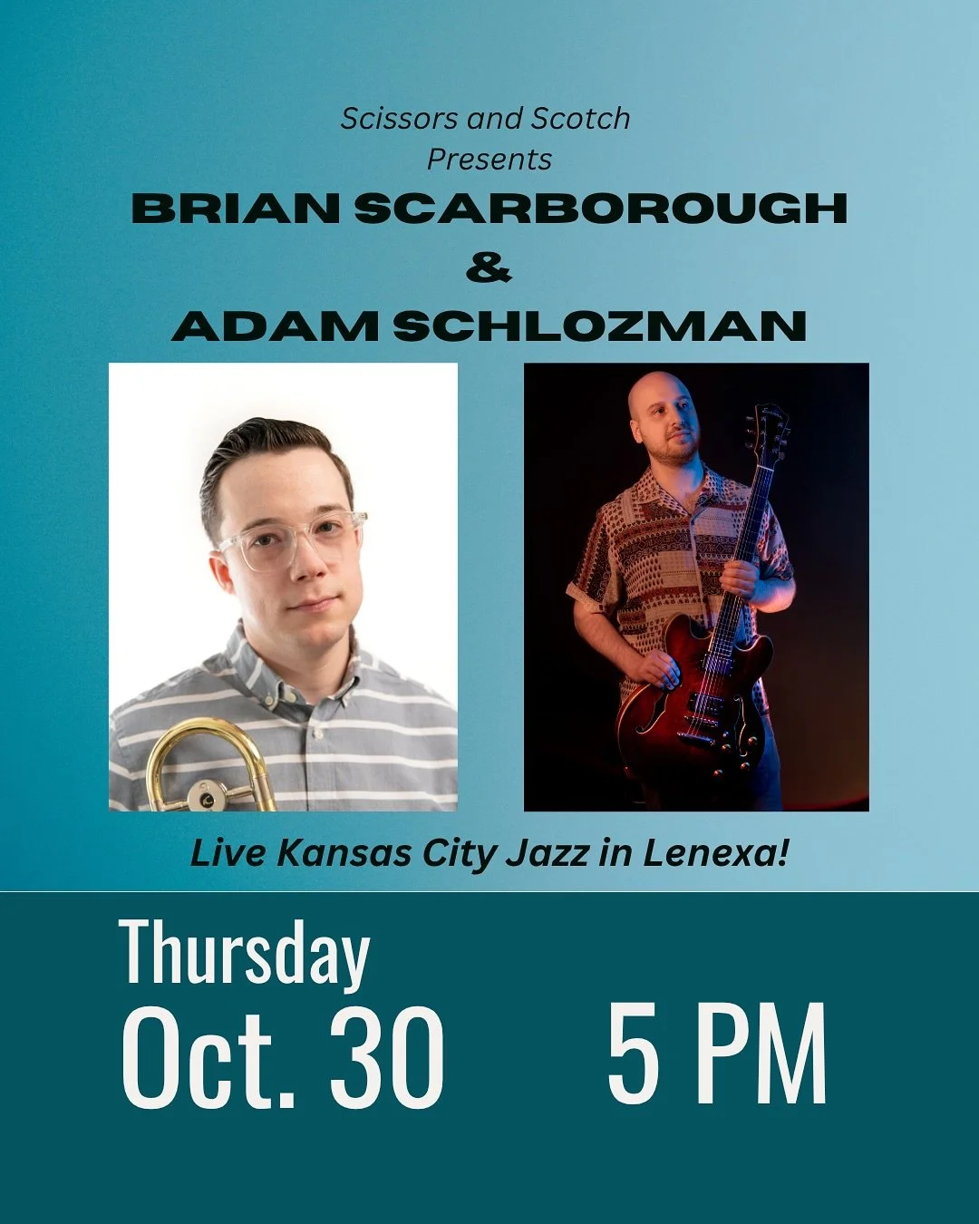 Looking forward to playing a couple of duo sets with Adam Schlozman this Thursday at Scissors and Scotch in Lenexa!
5 - 7 pm
No Cover
.
.
.
.
.
.
.
#bonetruthmusic #trombonelife #trombone #instakc #kcmusic #kcmusicscene