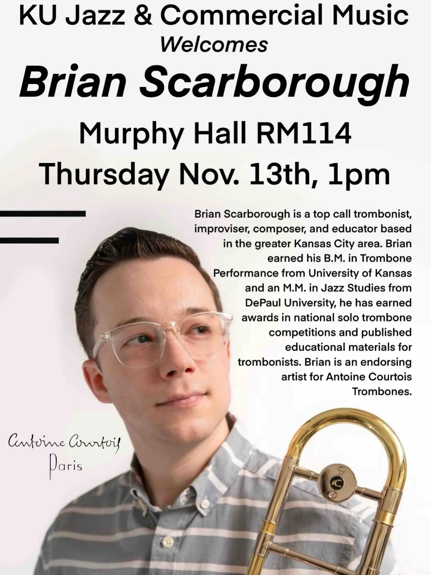Incredibly honored and proud to be returning to the University of Kansas School of Music (my alma mater) for a masterclass and rehearsal later this week!

Surreal, just surreal.

Looking forward to it!
.
.
.
.
.
.
.
#bonetruthmusic #trombone #trombon