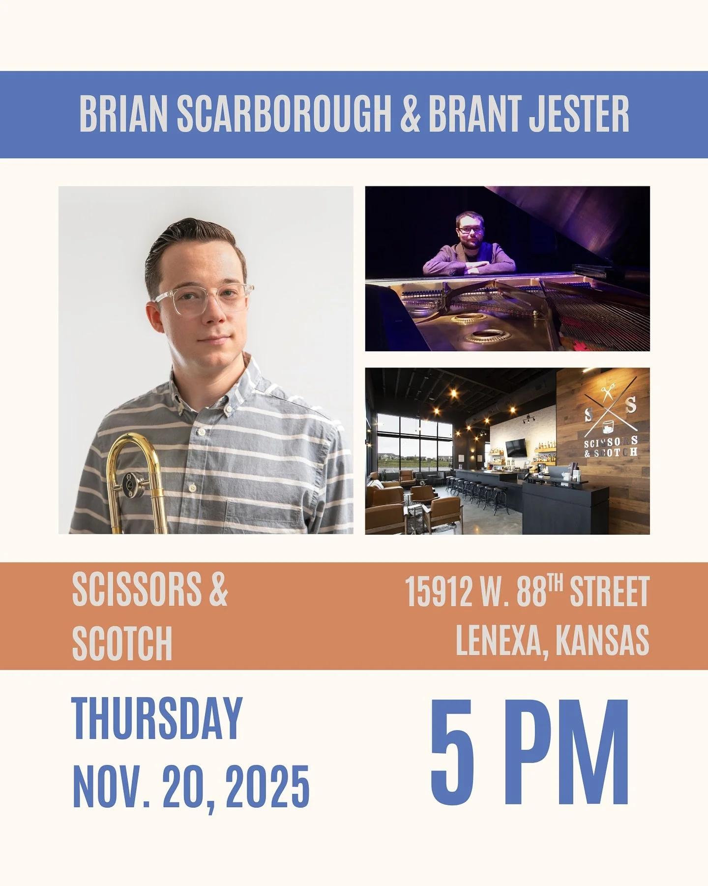 Looking forward to playing a couple duo sets with Brant Jester this Thursday (11/20) at Scissors and Scotch in Lenexa; hope to see you there!

5 - 7 PM
No Cover
.
.
.
.
.
.
.
.
#bonetruthmusic #trombone #trombonelife #jazz #kckazz #instakc
