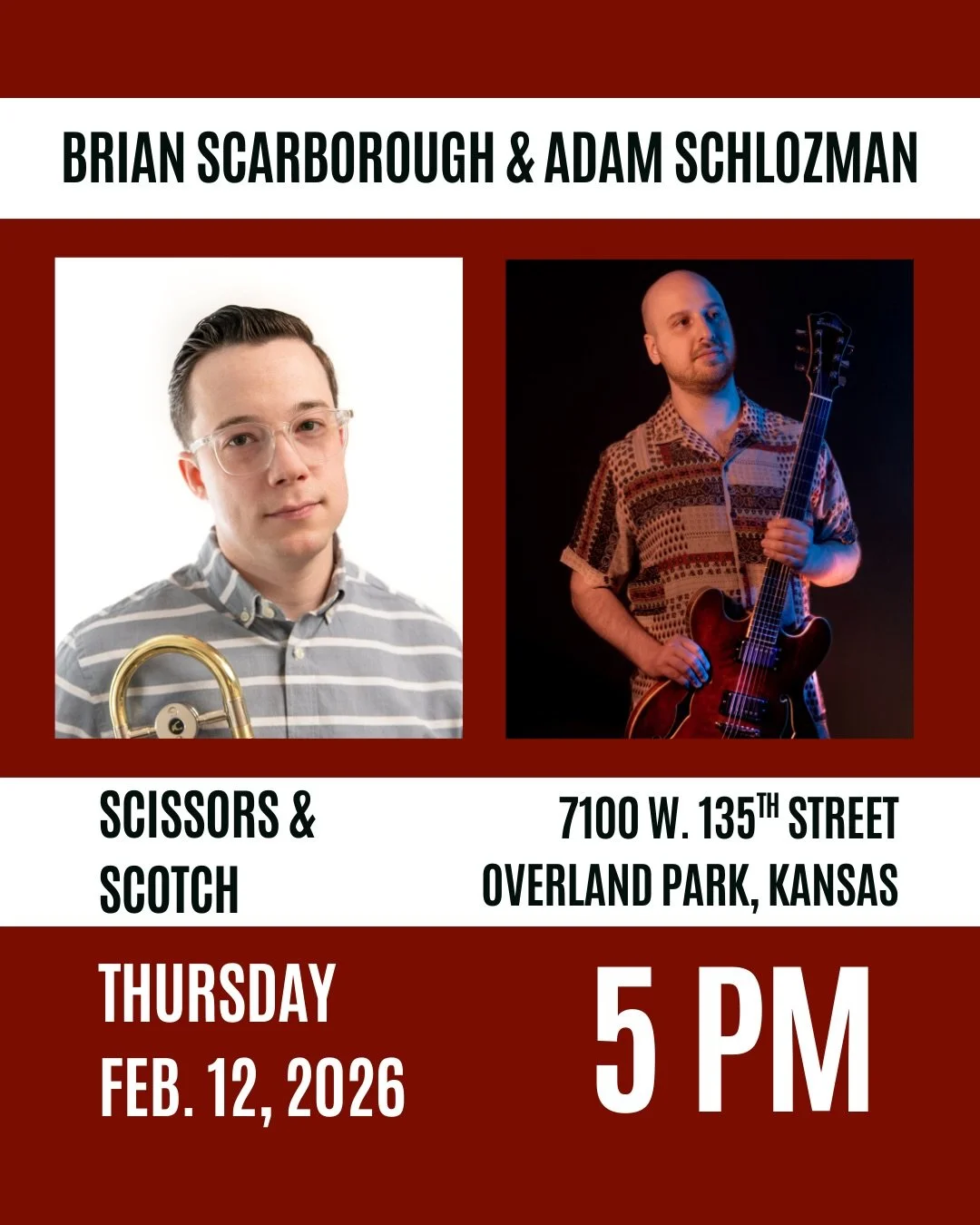 Looking forward to playing a couple duo sets with Adam Schlozman this coming Thursday at Scissors and Scotch in Overland Park!

5 - 7 PM
Overland Park, KS

Hope to see you there!
.
.
.
.
.
.
.
#bonetruthmusic #jazztrombone #jazzguitarist #instakc #kc