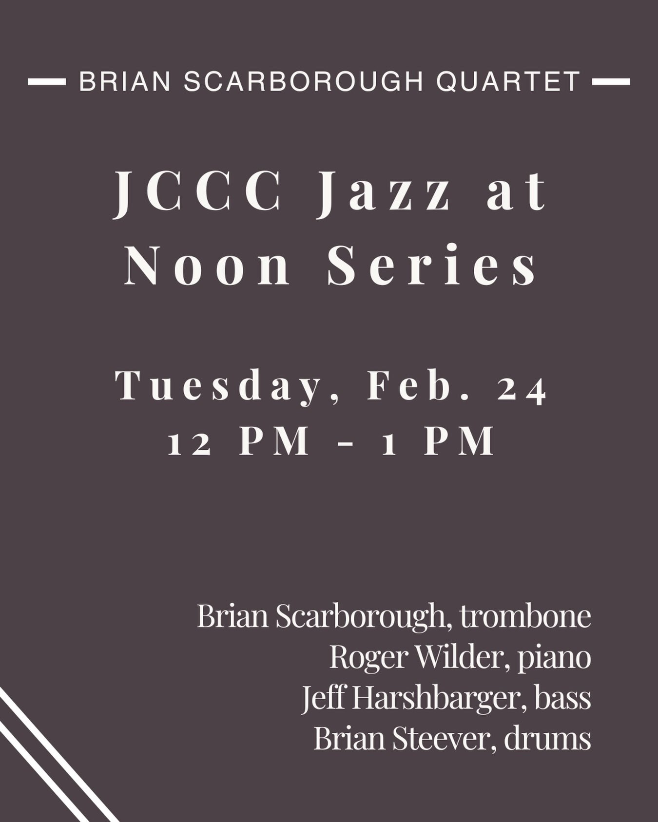 Looking forward to tomorrow&rsquo;s quartet performance at Johnson County Community College!

We&rsquo;ll be playing a mix of both new and old originals, as well as some of my favorite standards from noon -  1 PM in the Polsky Theatre. Hope to see yo