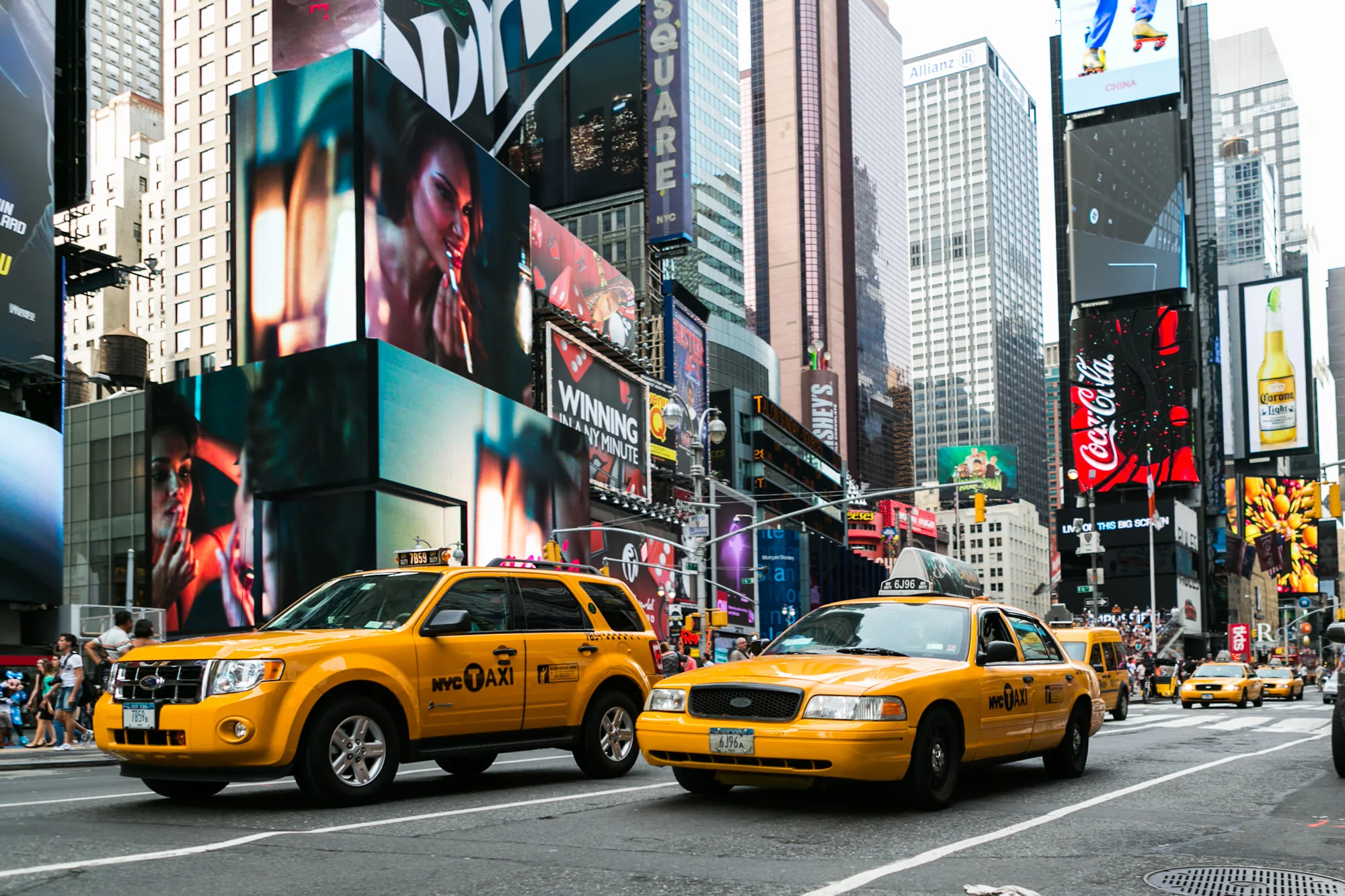 New York's famous Time Square, ads and yellow taxis everywhere