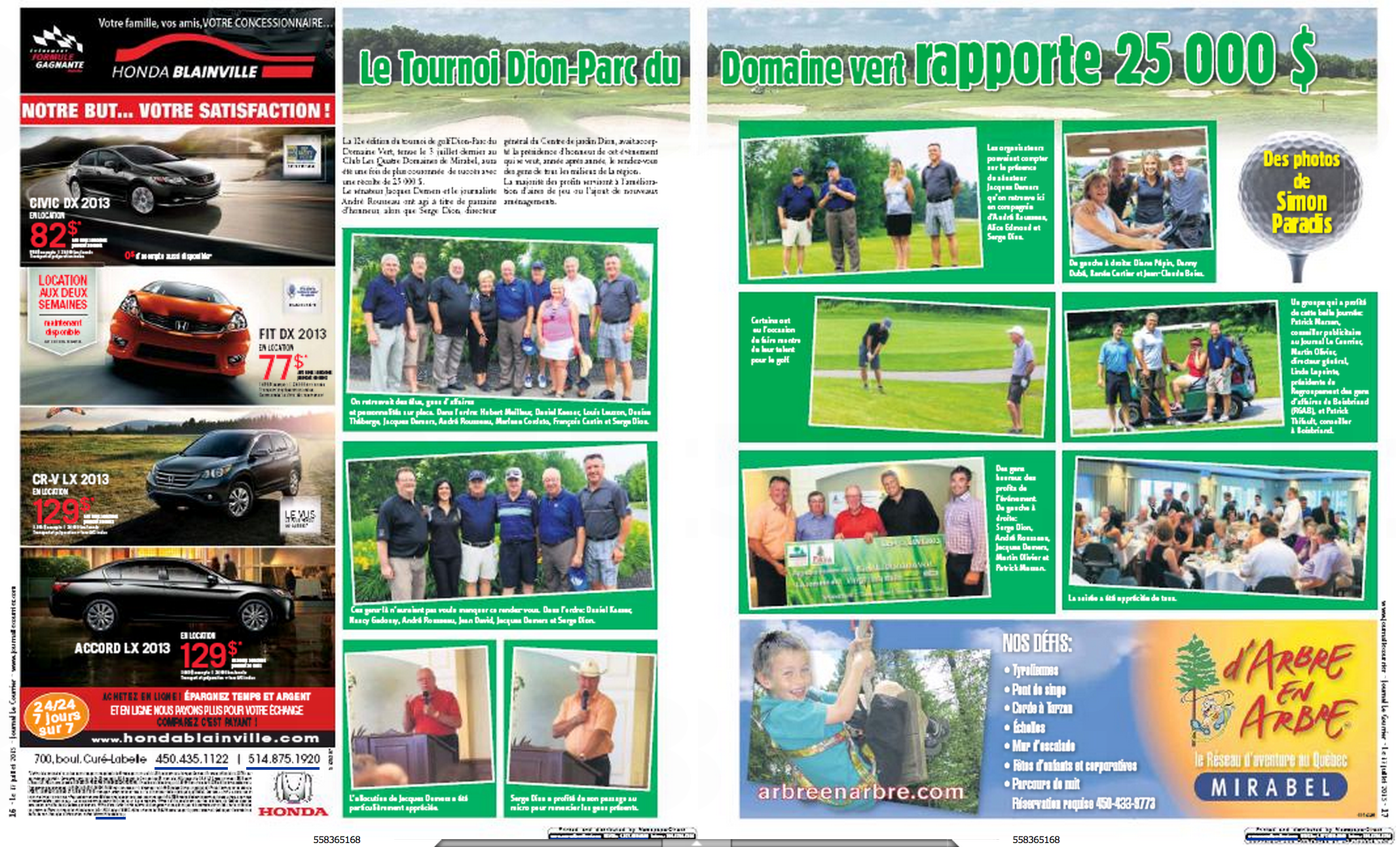 Publication 2 pages pour Transcontinental, Journal Le Courrier, pour le tournoi de golf Dion 2013