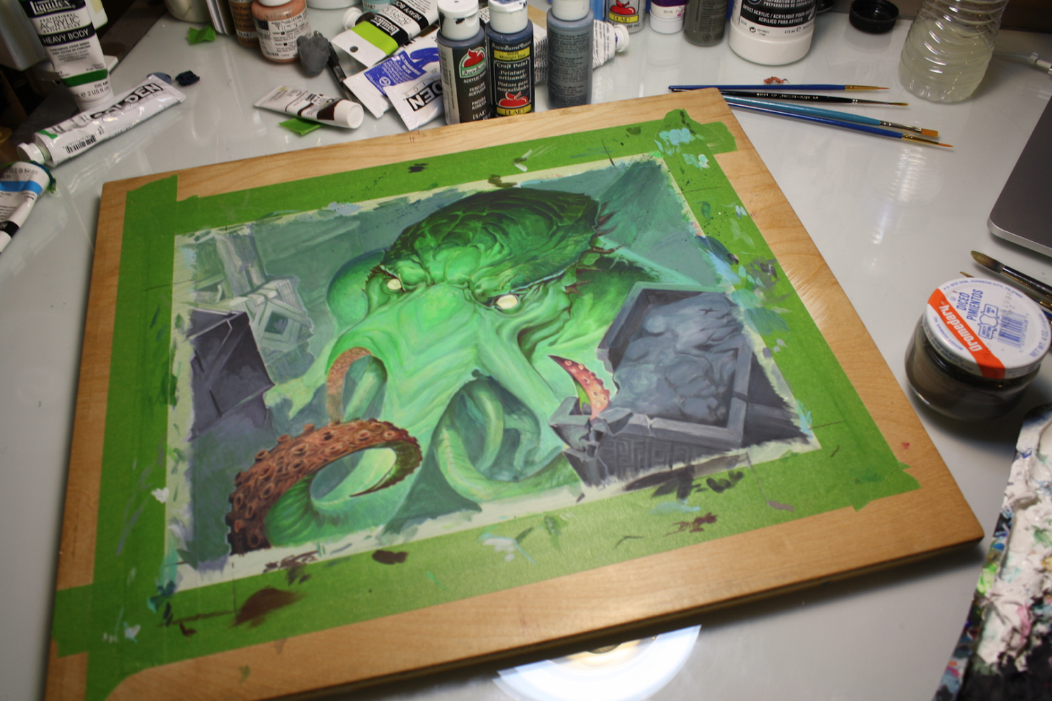 Here I am, mid painting. Its all there but lacks detail and tonal definition. Miles to go...