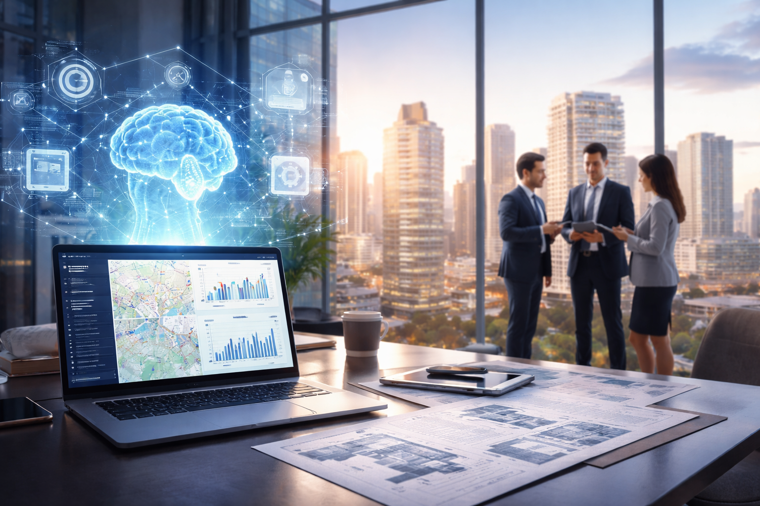 laptop in an office, people in suits and buildings outside