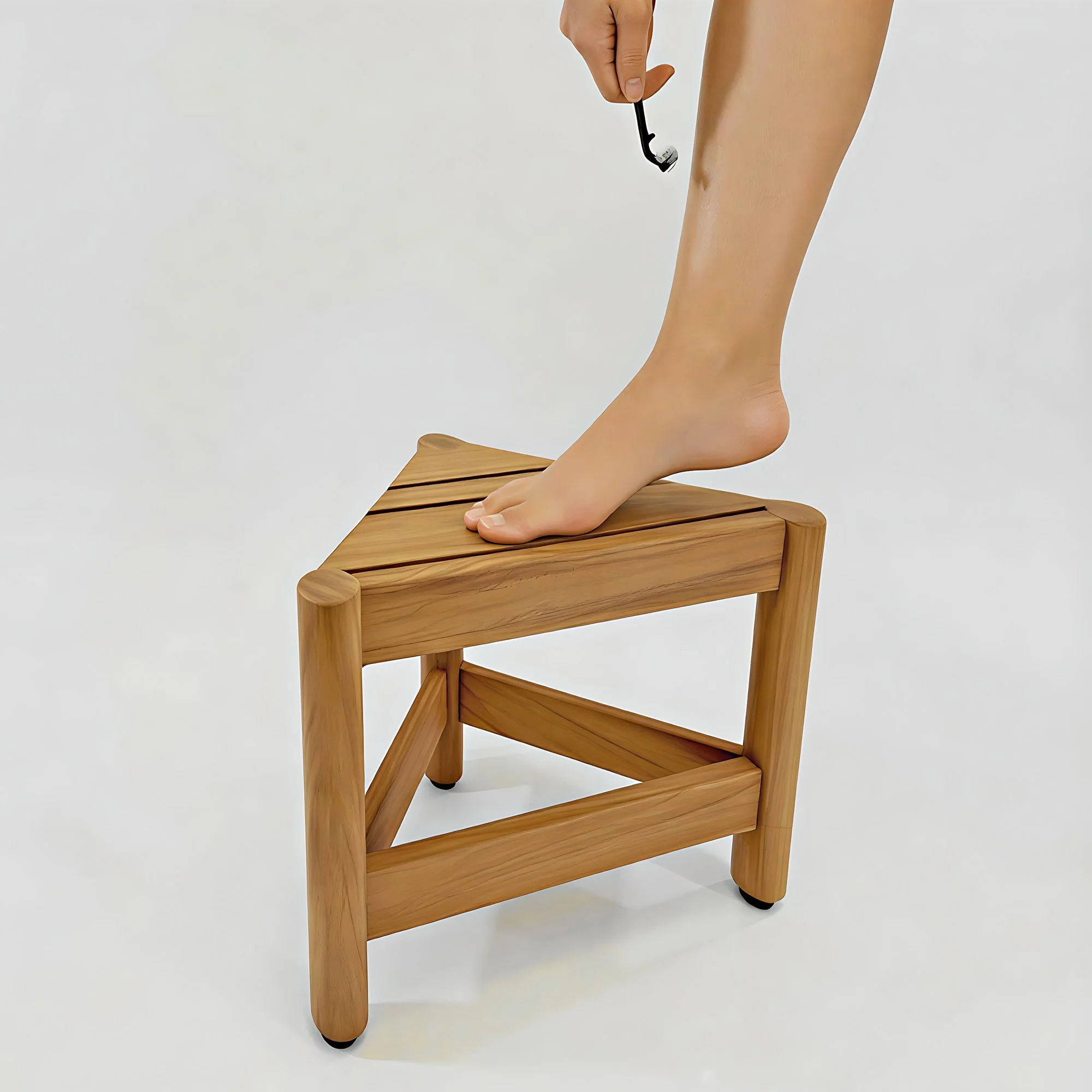 ST-50  SOLID TEAK CORNER SHOWER FOOT STOOL, CORNER SIDE TABLE