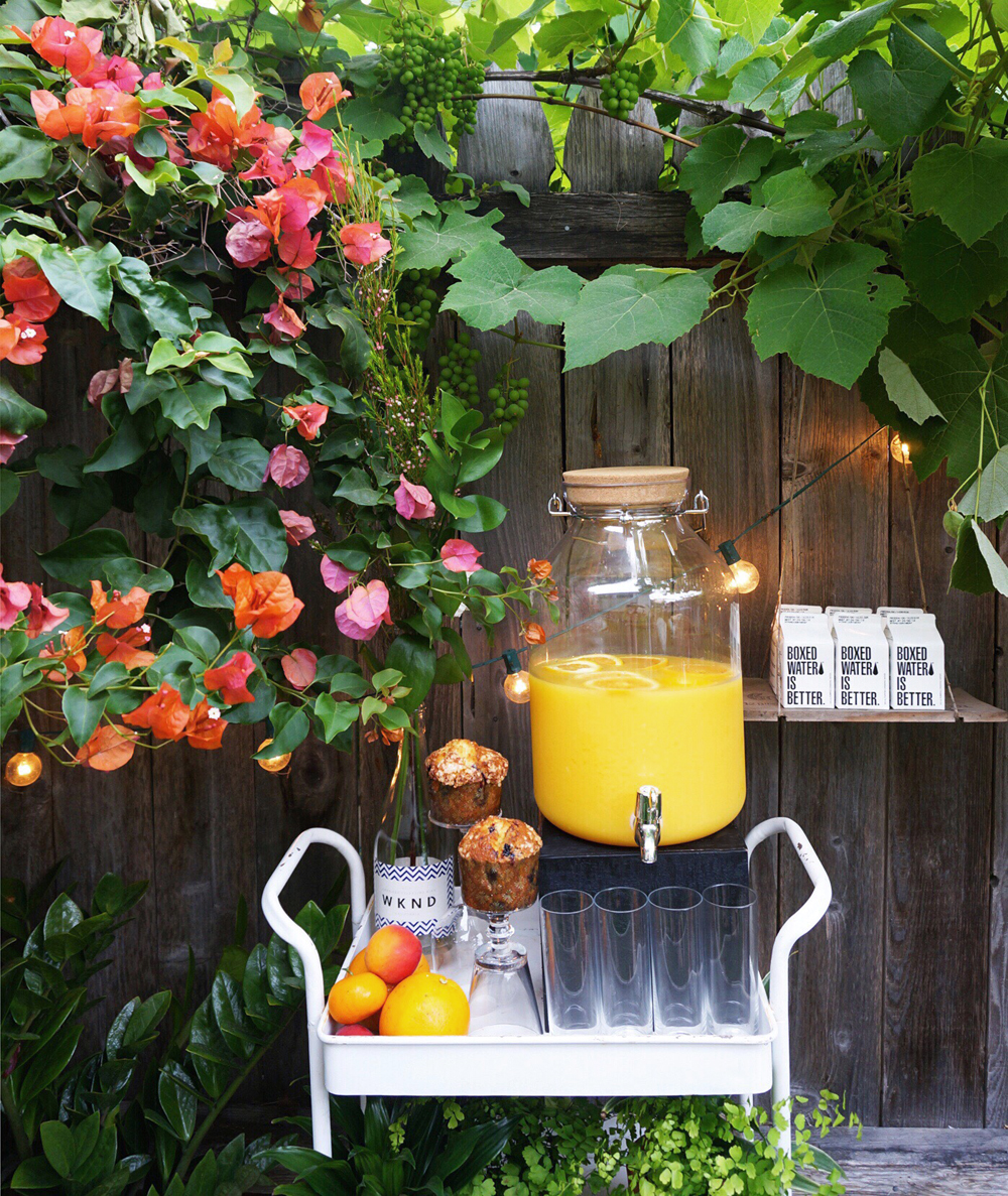 Garden Beverage Station: Sparkling wine for classic mimosas by WINC , H20 by Boxed Water .