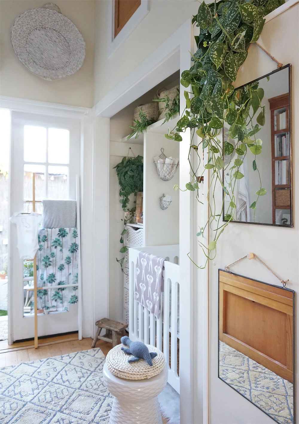 (Also pictured: Handmade Loch Ness monster plush toy by MEVVSAN from etsy // Small wooden stool (vintage) // 2-toned Umbra hub ladder // Daphne white garden stool from home decorators collection // Sailor swaddle by Woolf with me )