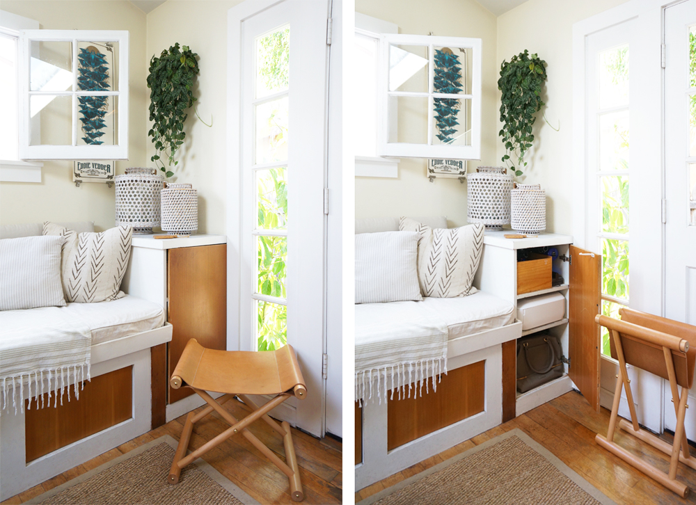 Resources: Folding Leather Stool and Tabletop Lanterns by Serena and Lily. Woven Boots by Frye.