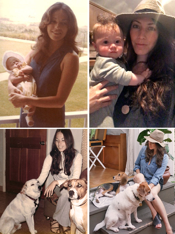 Images on left: My mother. Images on right: Me with West, Stubs and Soph