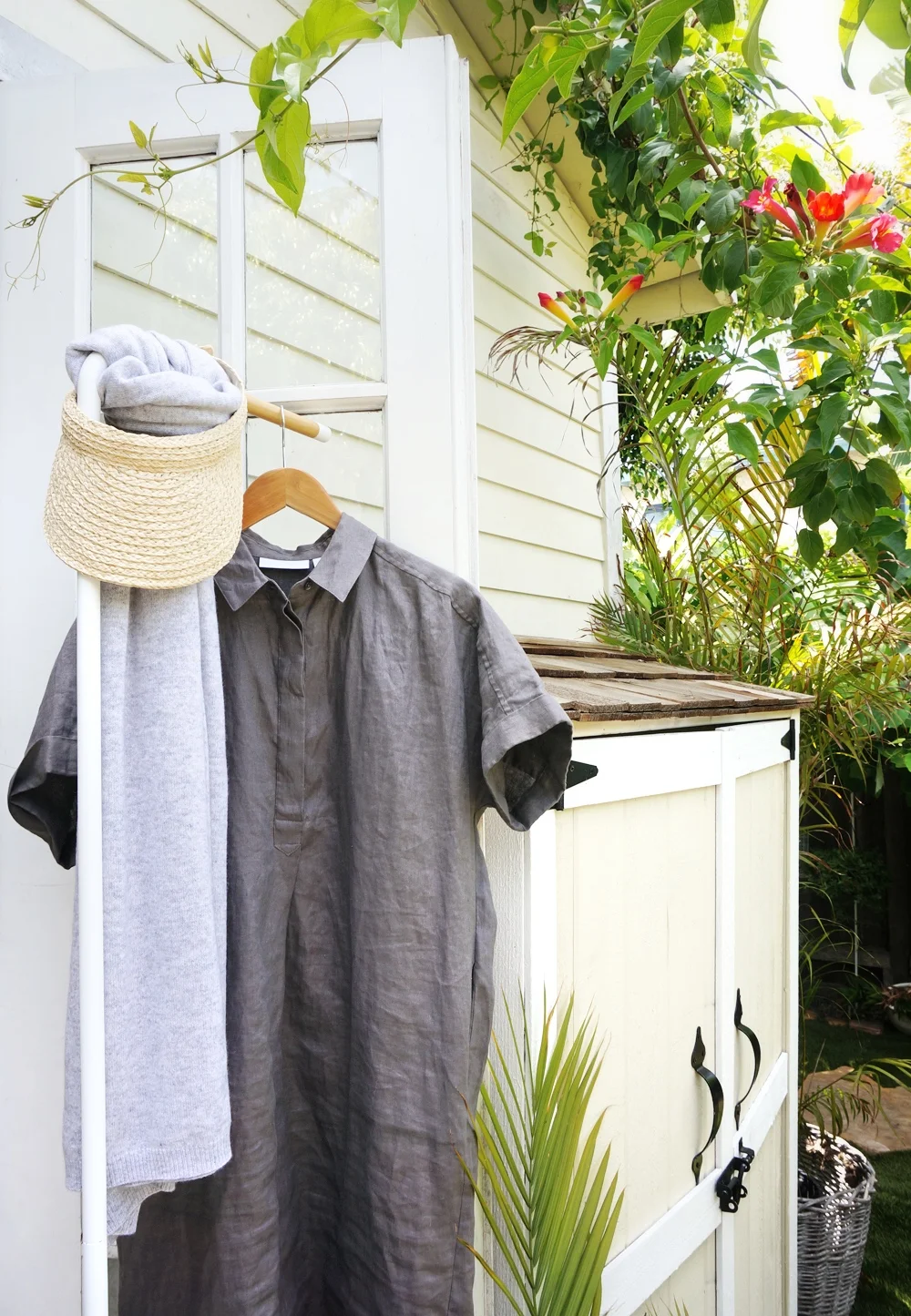 Linen Shirt Dress in Smoke / Straw Visor / Cashmere Scarf (Coming soon)