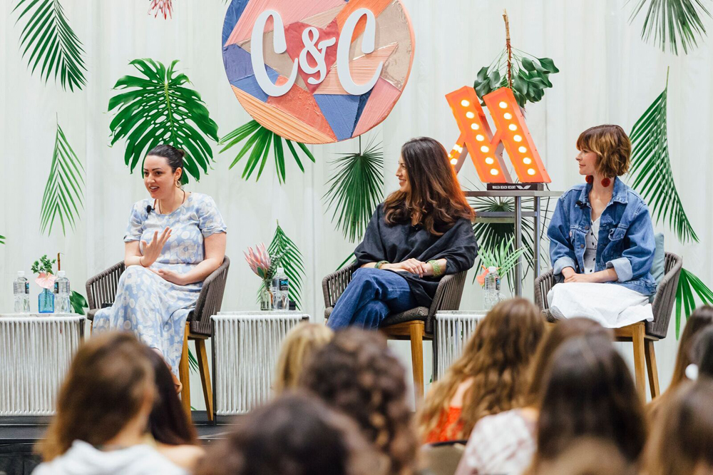 From left to right: Sophia Rossi, whitney leigh morris, and Kelly Oxford. Panel moderated by Jaclyn Johnson. Photo by brecht van't hof for create & cultivate