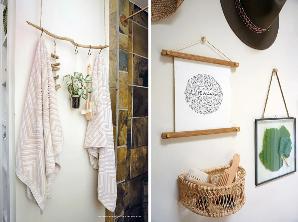 Left: The back tiny cottage. A found branch is repurposed for bath storage. Right: The back tiny cottage. A mixed-media gallery wall in the bedroom holds a half-moon basket that stores our son's brushes, alongside hats, a grape leaf from our garden, and an ink drawing by an Insta-friend/Etsy artist.