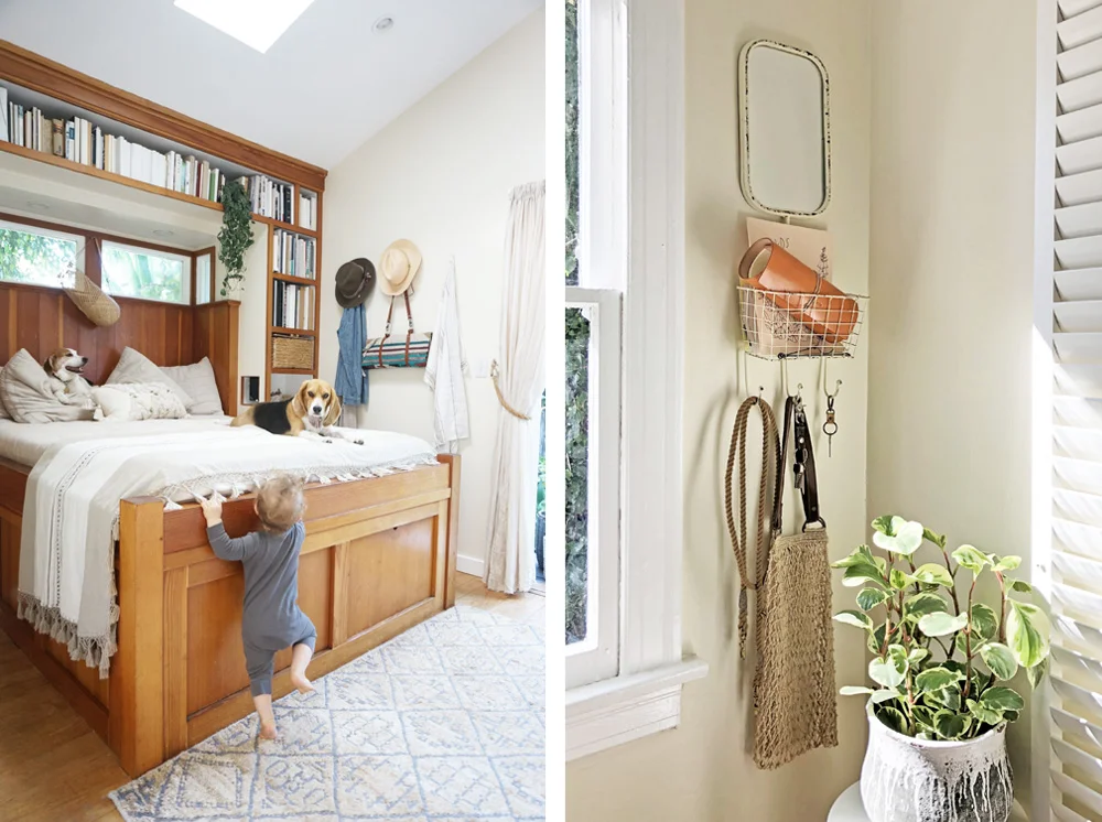 Left: The back tiny cottage. Adam's bedside wall holds our son's diaper changing roll, as well as hats and clothes. Right: The front tiny cottage. A mirrored wall basket with hooks holds a coloring book, a leather note roll, a produce bag, a leash, and keys.