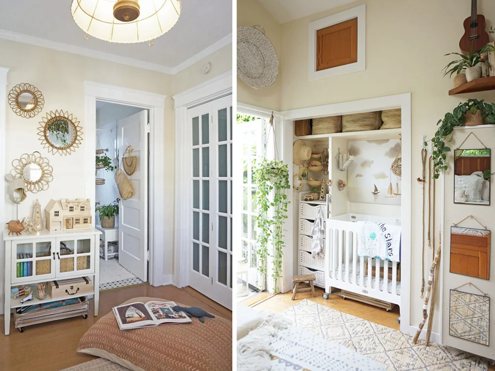 Left: The front tiny house. A collection of rattan mirrors in West's room bounce sunlight around an otherwise dark section of the space. Right: The back tiny house. A series of simple hanging mirrors enlarge the tiny bedroom and help disguise an ugly (disconnected) wall heater.