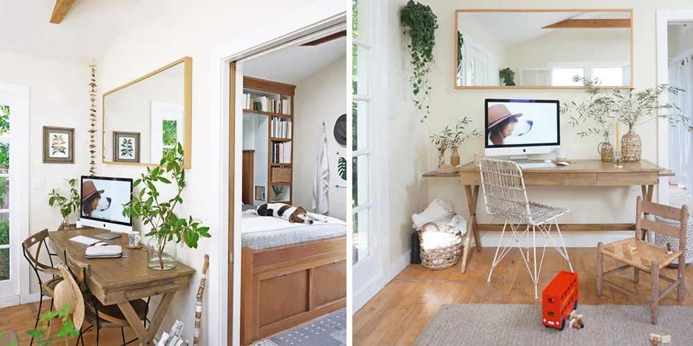 Left: The back tiny house. Here are two views of the same space. The oversized mirror above the desk makes this room feel exponentially brighter and more cheerful. (We once removed the mirror to repaint the wall, and the house instantly felt darker and duller.)