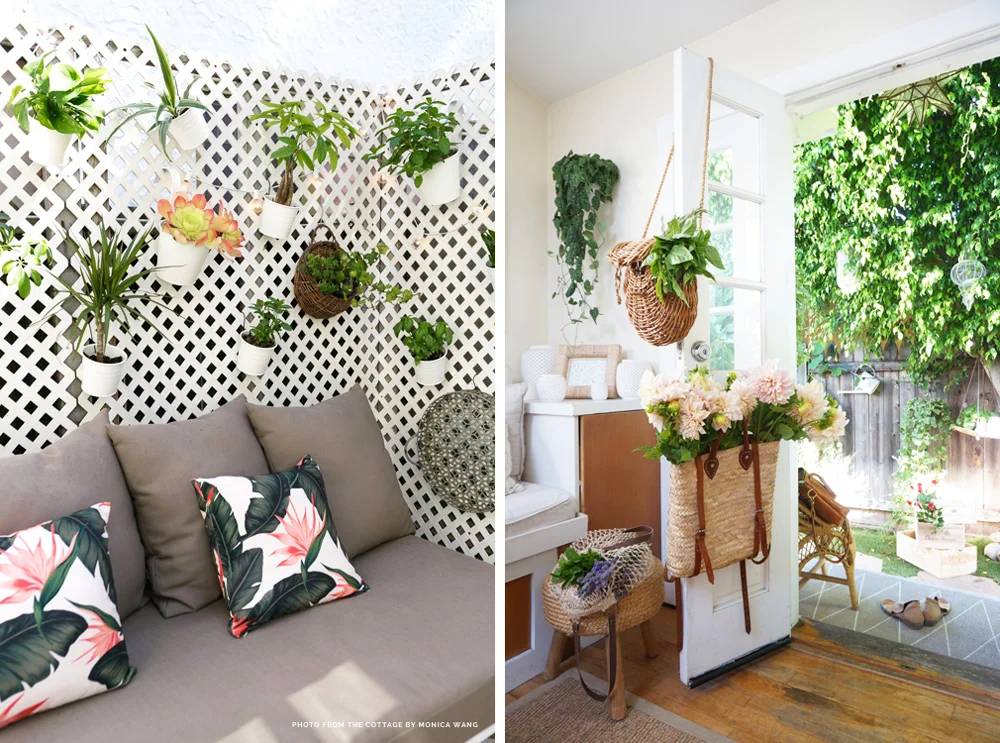 Left: The cottage porch, with a living garden wall. Right: The back tiny cottage, with a plant on a floating shelf in the background, and market greenery displayed via reusable bags.