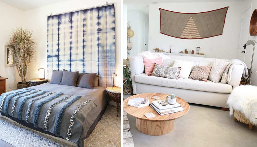 Left: My neighbor Heather Tierney used an indigo cloth to decorate a larger wall. The textile draws the eye upward, adding height to the room. Right: My friend Lindsay of Casa Joshua Tree used a Blockshop scarf to add color and a modern, geometric look to her entryway.