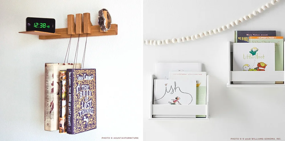 Left: A hand-crafted bookshelf-nightstand on Etsy. Right: Hanging book bins that keep kids titles on view and at-the-ready.
