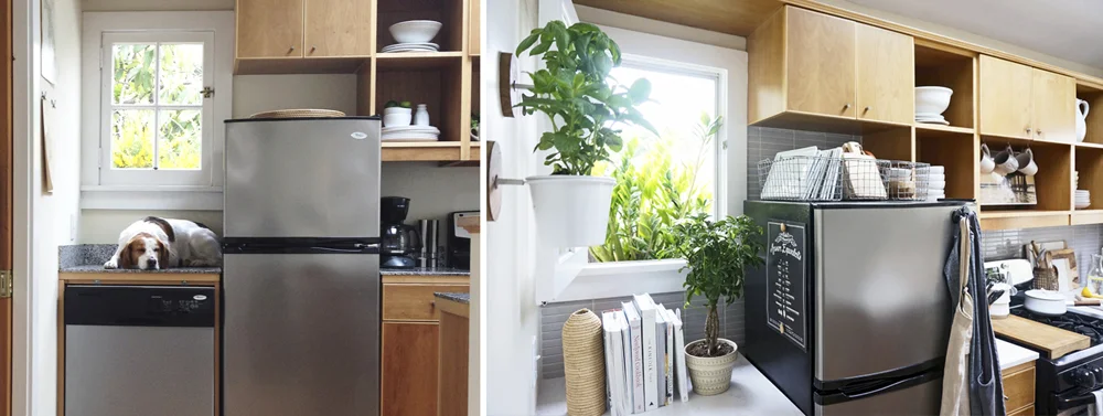Left: I took this photo of StanLee on his perch above the dishwasher (where he used to sit for hours while watching for squirrels) shortly after we moved in. At 11+ years old, he can STILL jump up there. Right: The same spot over the dishwasher, after our mini-makeover of the kitchen in 2017.
