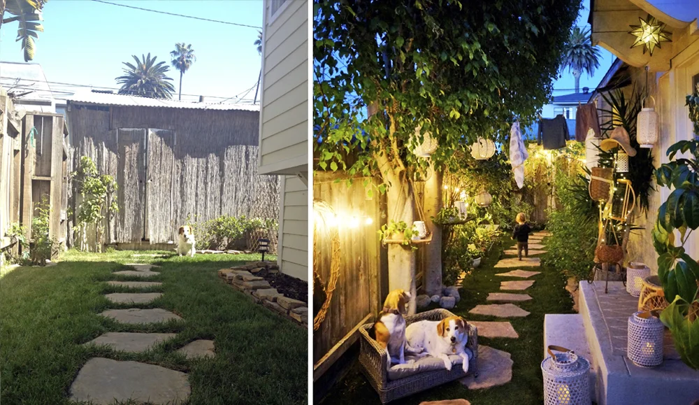 Left: StanLee in the garden a few months after we moved in. Right: My babies in the same garden, 7 years later.