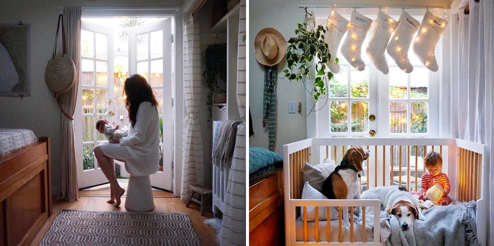 Left: The day we brought West home from the hospital. Right: The pups and West in the same spot at Christmas.