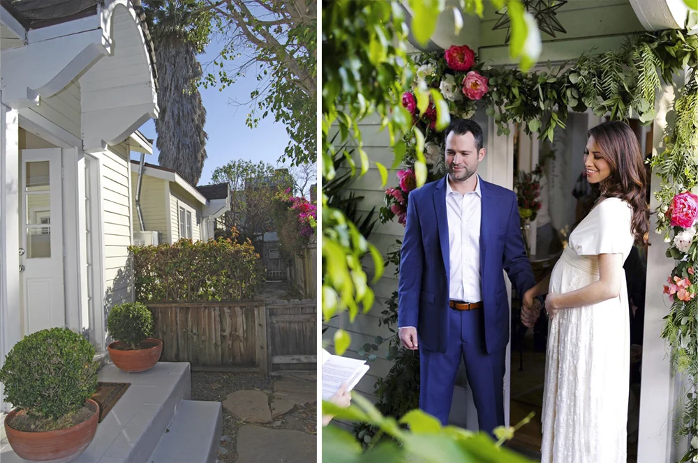 Left: The front stoop in May 2011, weeks after we moved into the Cottage. Right: The stoop in May 2016, during our wedding.