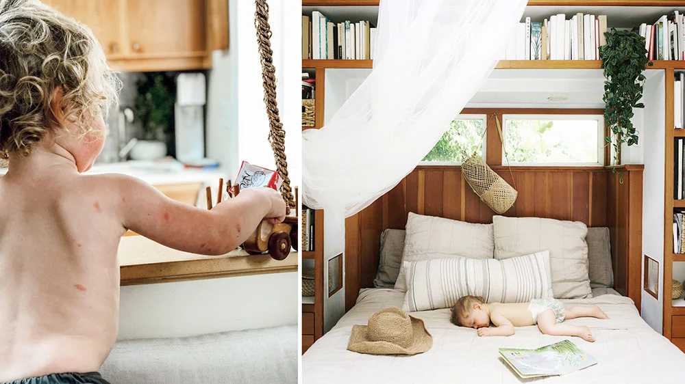 Left: West the day before we started using the bite balm, incense and wipes. Right: West last summer under a mosquito net we had to drape over our shared bed.