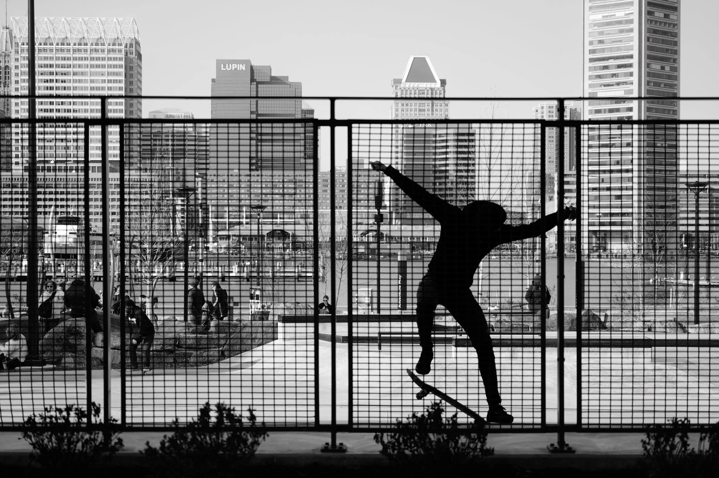 Silhouette of a person skateboarding behind a metal fence with a city skyline in the background, in black and white.