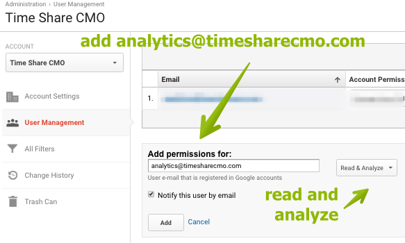 C. Add analytics@timesharecmo.com to your GA, and give us read and analyze permissions. Be sure to notify us by email!