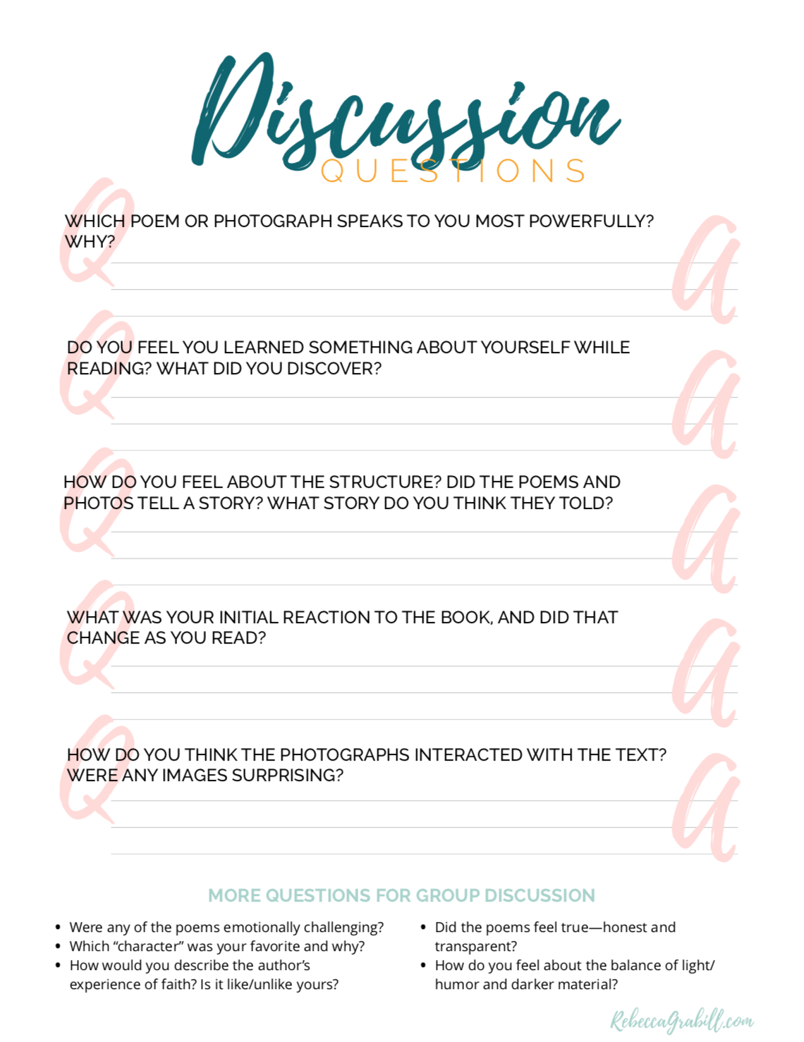 Sweetened Condensed Printable for Book Groups Discussion Questions