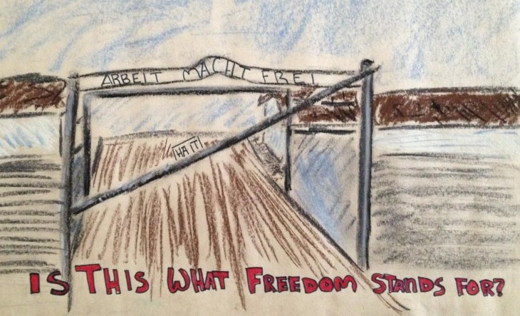 The creator of this poster wanted to point out the evil nature of concentration camps. The gate reads, “Work Will Set You Free,” a slogan used cynically by Nazi camp officials.