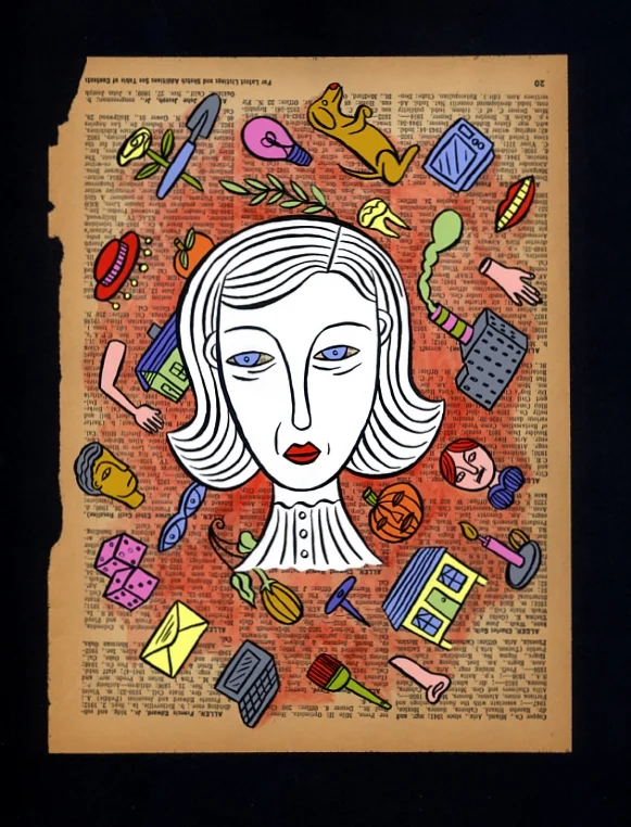 Milagros Gouache, ink and old book pages on paper. 15 x 10.5 with large black border.